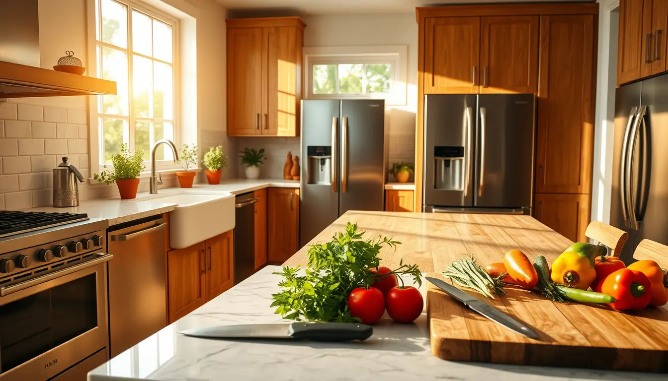 Warm sunlit kitchen with wooden cabinets, a central island, ideal for modern home decor.