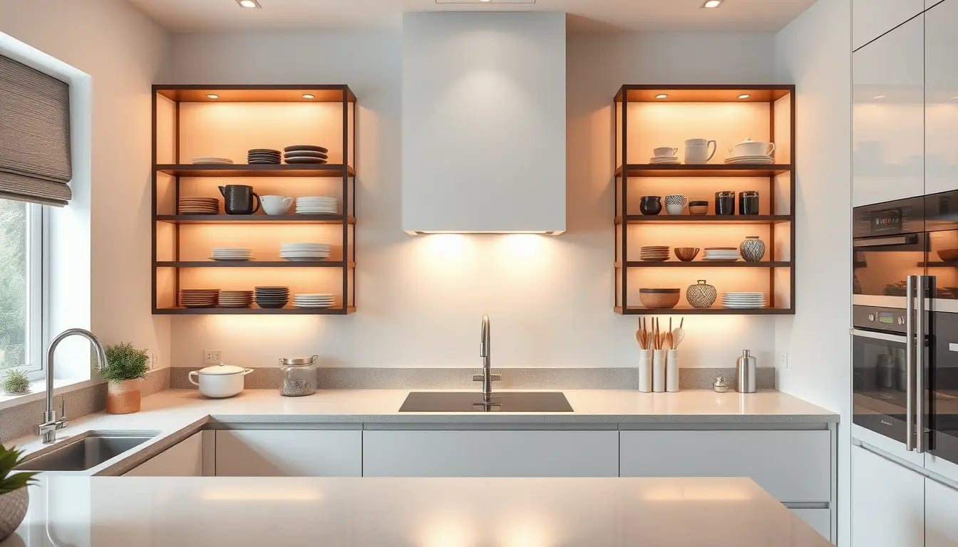 Modern kitchen featuring illuminated open shelving and a sleek white countertop for Chefio’s storage solutions.