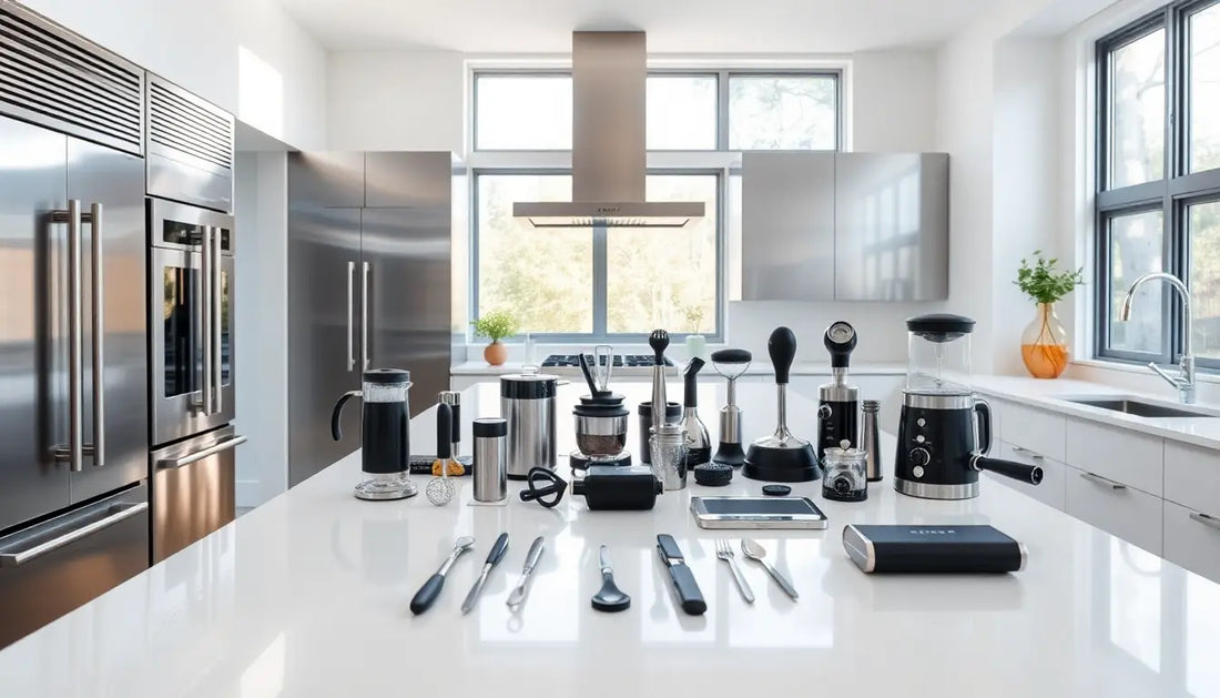 Stylish kitchen gadgets on a white island for deine Küche, including the Taco-Shell-Toaster.