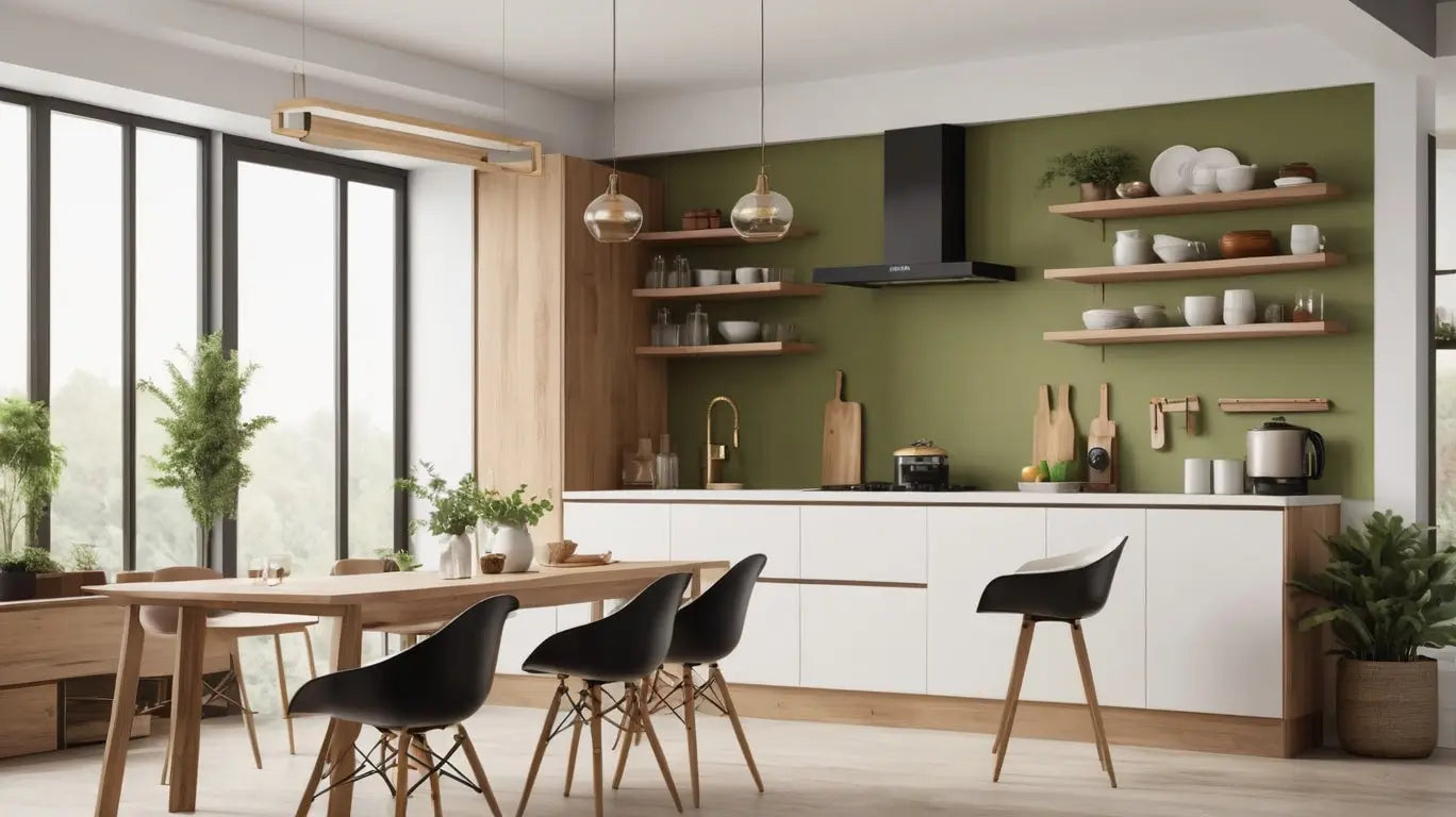 Modern kitchen featuring white cabinets and olive green wall, showcasing cozy modern home decor.