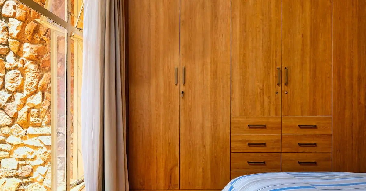 A bedroom with a bed and a wooden wardrobe