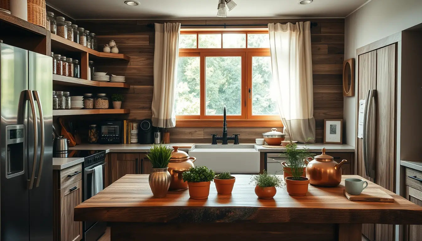 Rustic kitchen showcasing wooden elements and a central island adorned with potted plants.