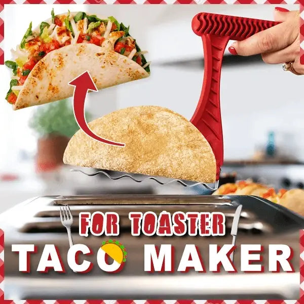 Red plastic taco-shaped device for toasting flour tortillas for delicious street tacos.