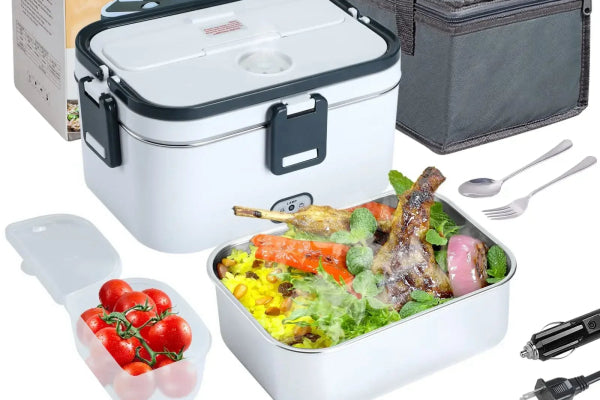 1.8L Electric Lunch Box with 60W heating, ideal for car and home use. Includes food warmer, portable design, and detachable container with healthy meal options.