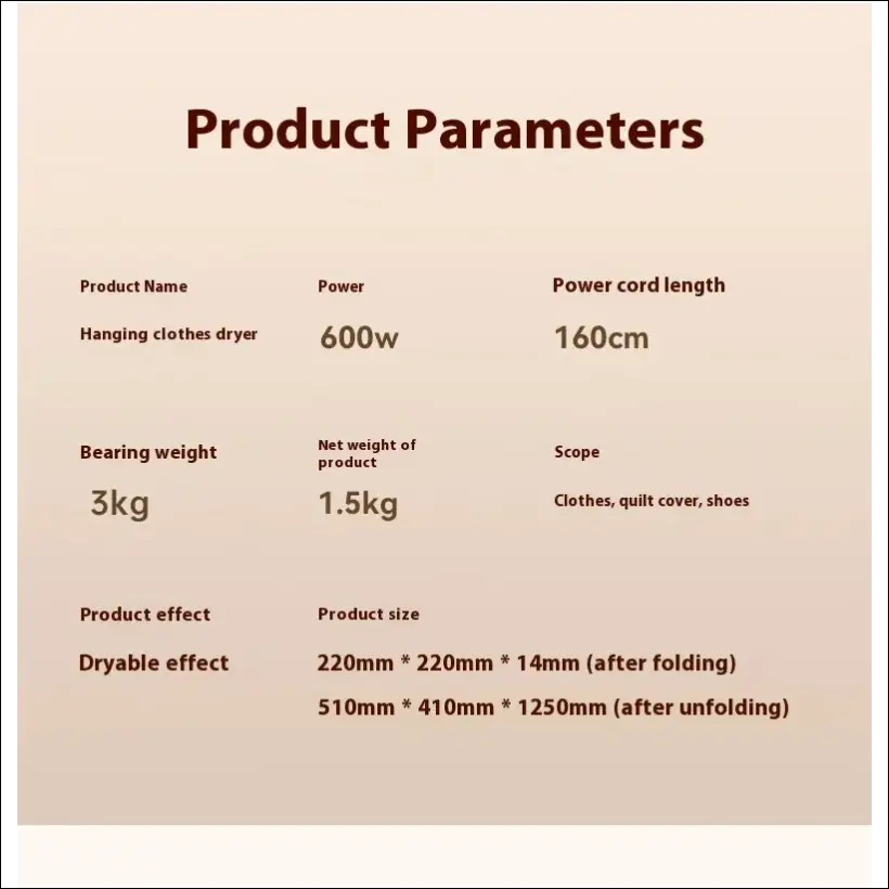 AirFlow Dryer Deluxe product parameters for a portable clothes dryer with wavy hanging hooks