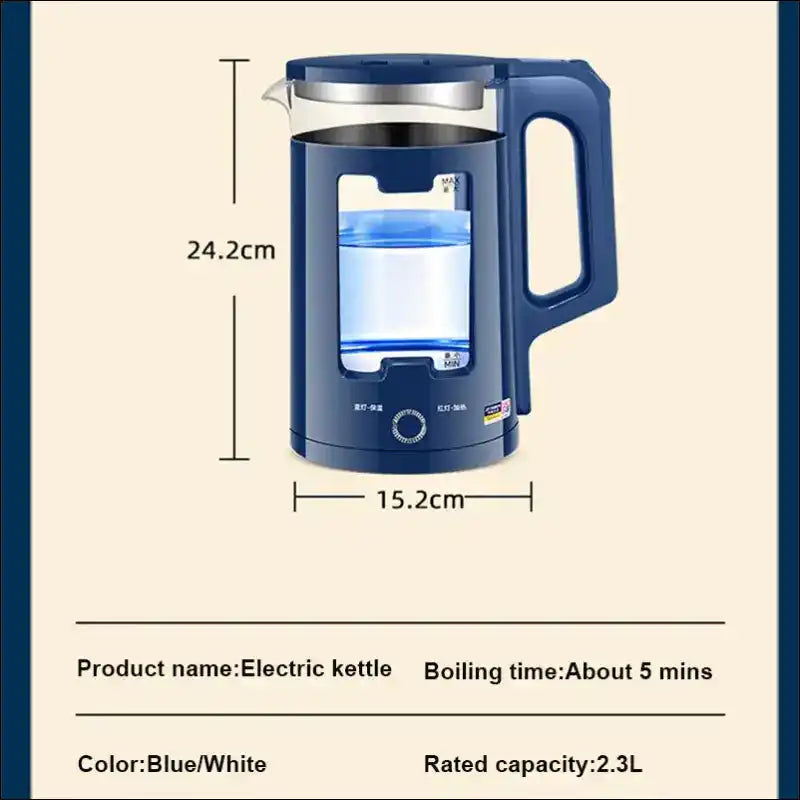 Blue and white electric kettle with measurement markings and a clear water level window.