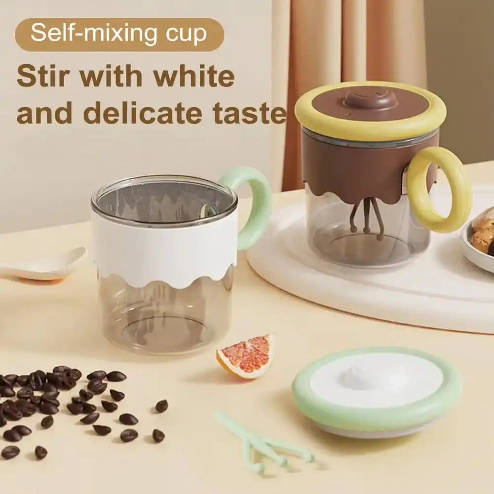 Self-mixing cup with a transparent body and colored rim for stirring beverages.