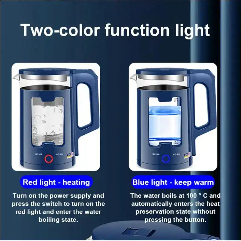 Electric kettle with dual-color indicator lights showing heating and warming functions.