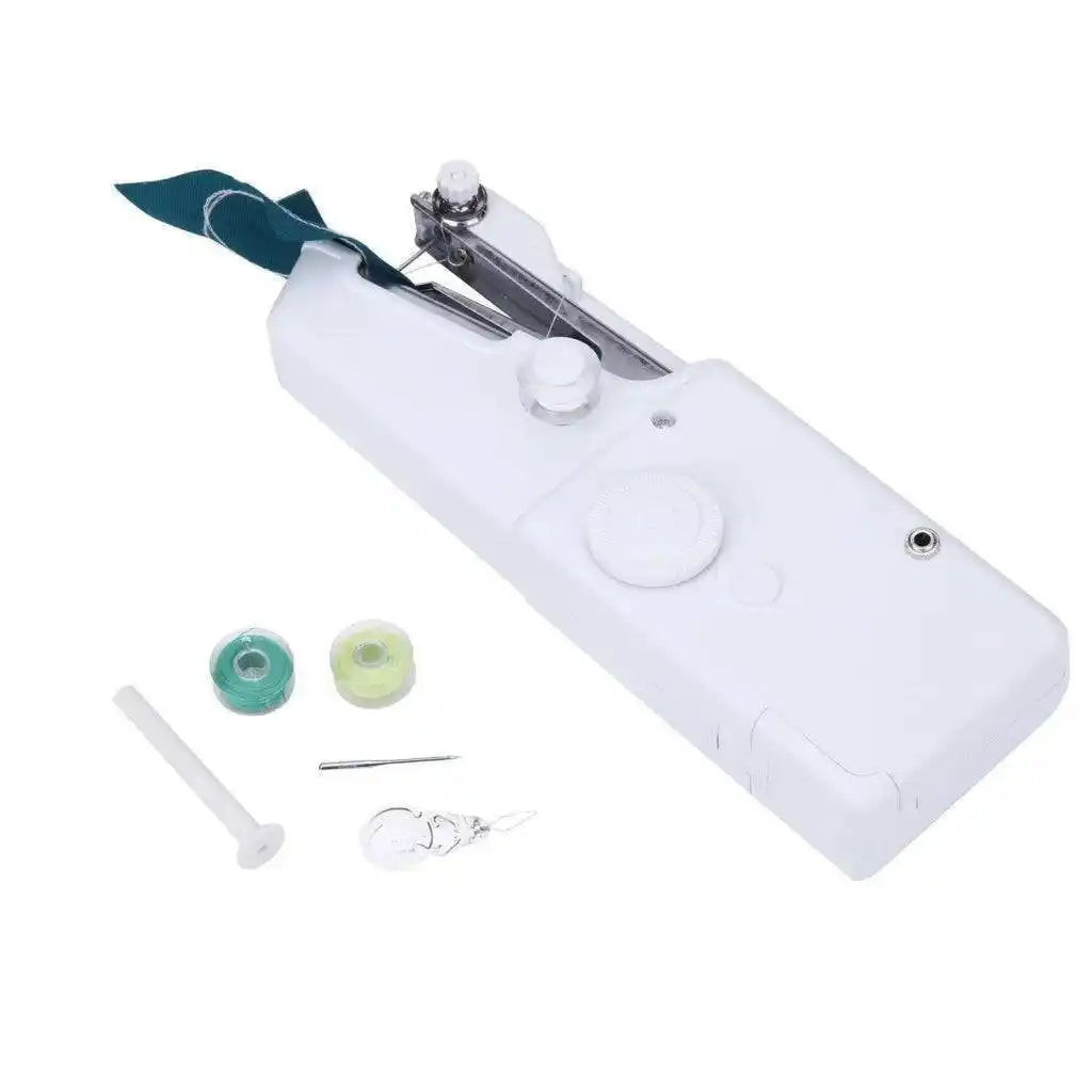 Handheld portable sewing machine with thread bobbins and accessories.