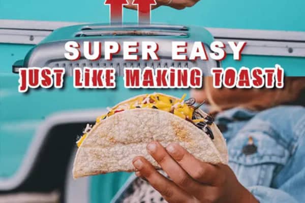 Toaster Taco Shell Maker for making delicious taco shells easily, featuring a hand holding an empty taco shell ready for toasting, with colorful toppings visible on a completed taco in the foreground.