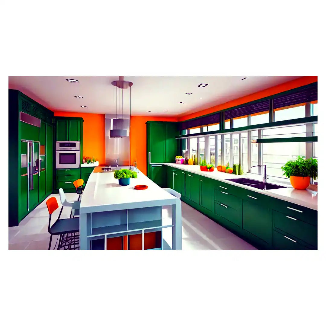 Modern kitchen with green cabinets.