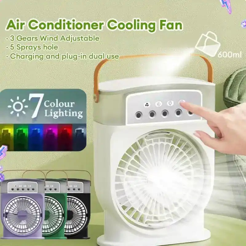 Portable air conditioner fan with adjustable wind and spray settings.