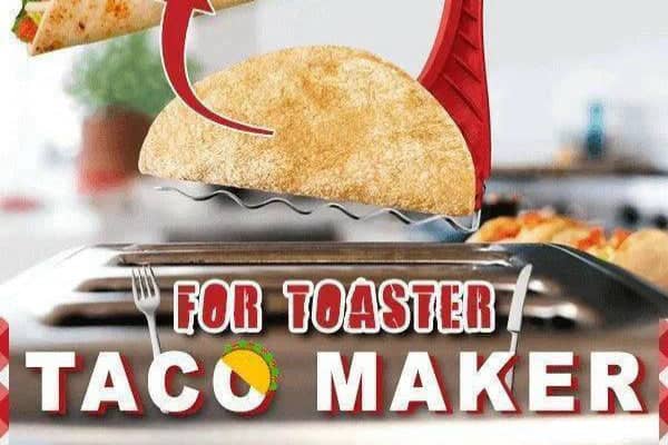 Toaster Taco Shell Maker, a red kitchen gadget designed to create perfectly toasted taco shells with a hand grip, showcasing a taco with fresh ingredients and a plain taco shell being lifted from a toaster.