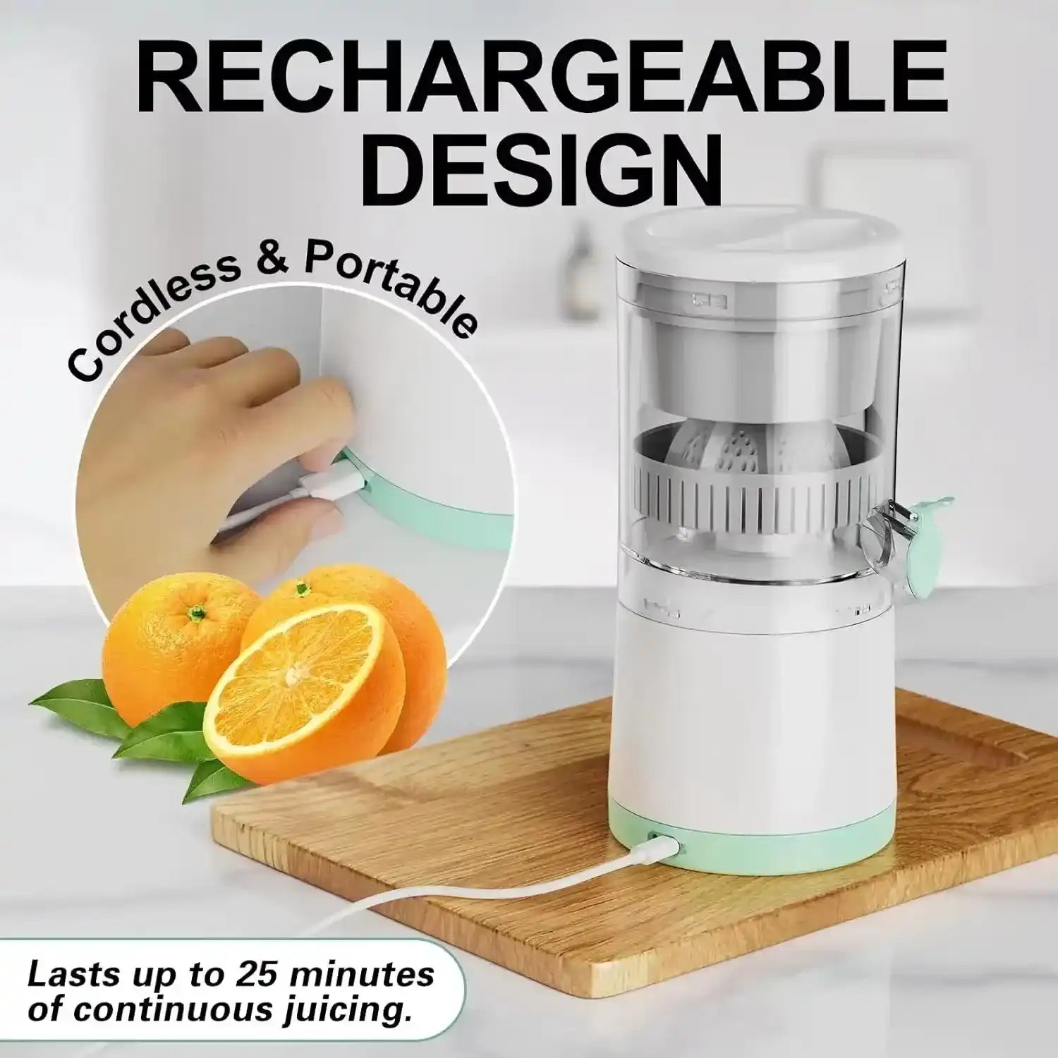 Rechargeable portable citrus juicer shown with fresh oranges on a wooden cutting board.