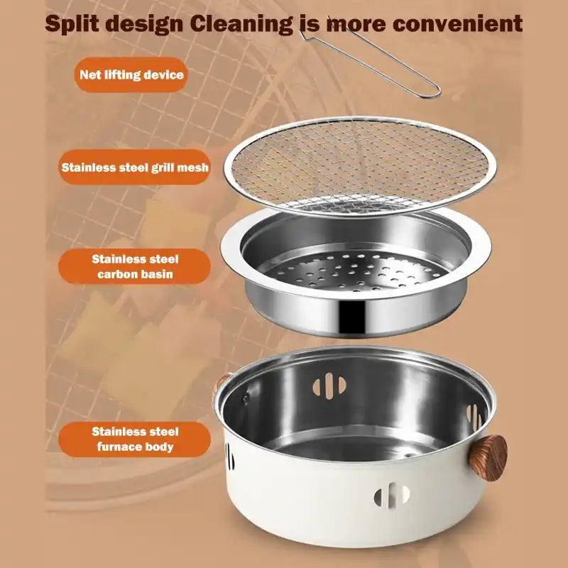 Split-design stainless steel charcoal stove with mesh grill and lifting handle.