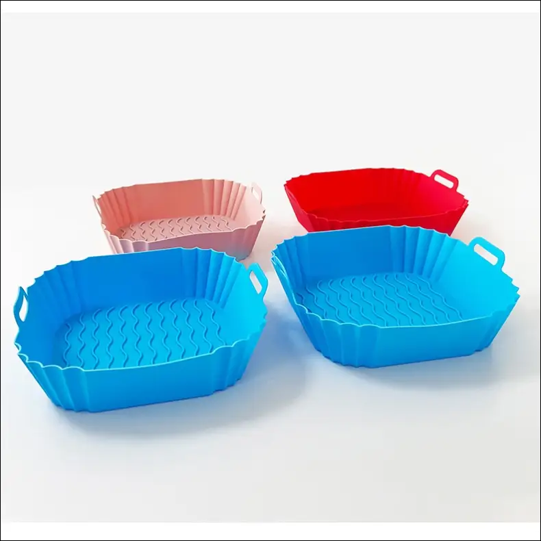 Colorful Square Silicone Air Fryer Tray showcasing textured design and convenient handles