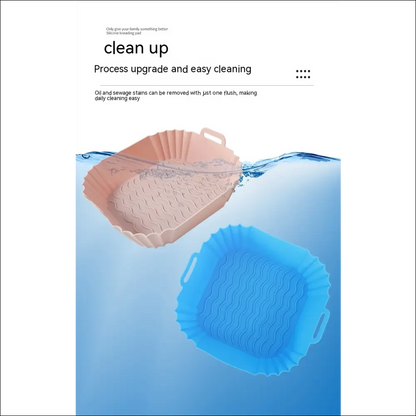 Two plastic drain strainers in pink and blue floating in water near a Square Silicone Air Fryer