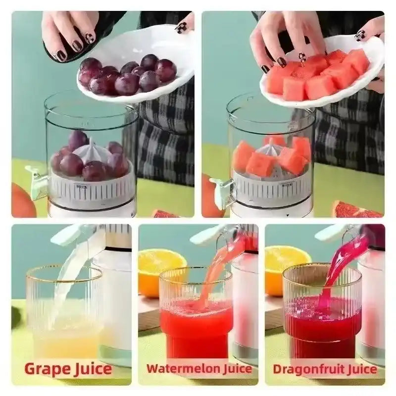 Step-by-step process showing how to make three different fresh fruit juices - grape, watermelon, and dragonfruit.