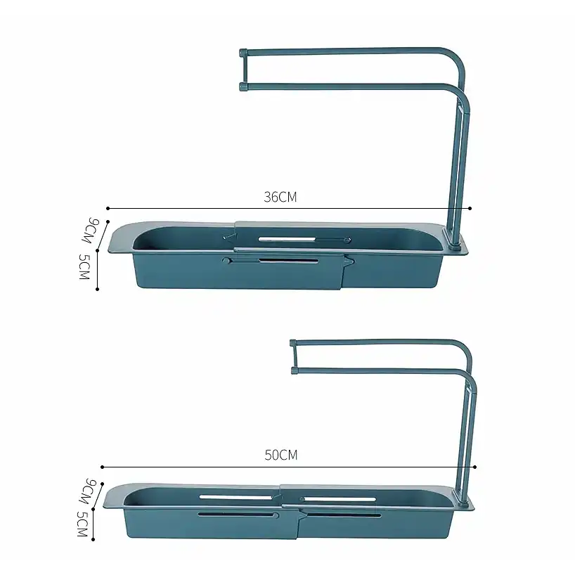 Telescopic sink caddy with drainage tray in teal color.