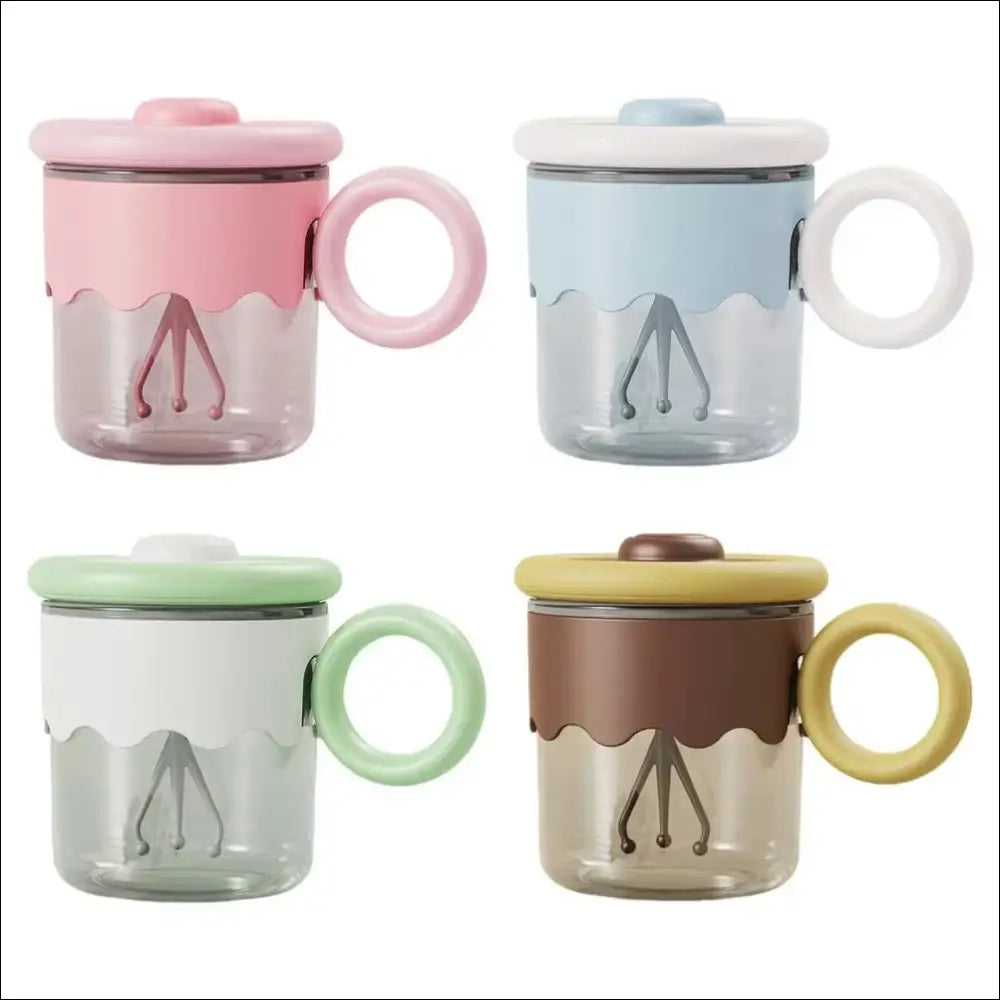 Pastel-colored glass mugs with lids in TurboMix Magic Mug set, perfect for kitchen use